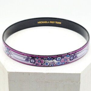 Signed Michaela Frey Team Vintage Fire Enameled Floral Pattern Bangle Bracelet